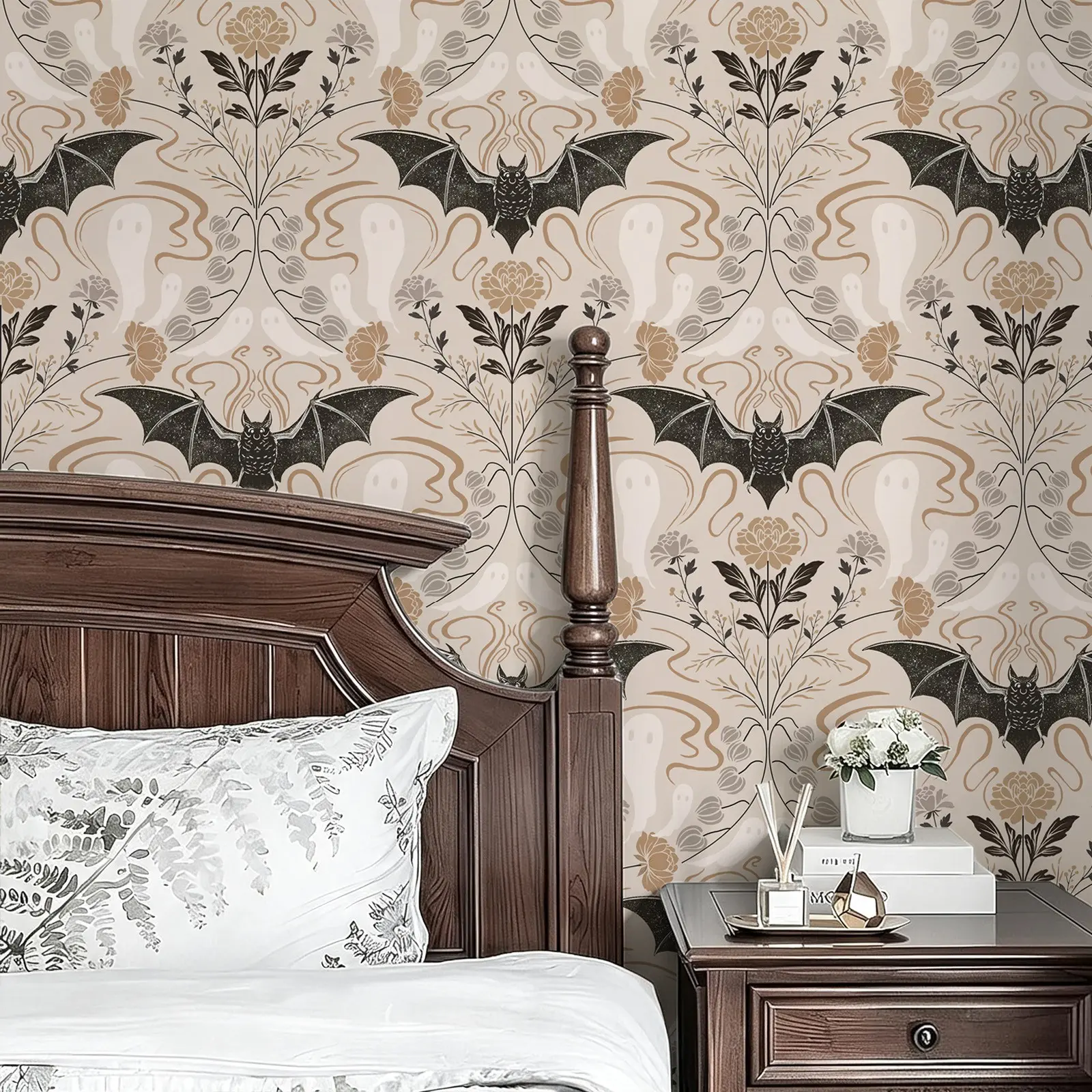 Halloween Theme Self-Adhesive Wallpaper, Gothic Bat Ghost Floral Vinyl Wall Sticker, Waterproof Easy Clean, DIY Decor for Bedroom Living Room