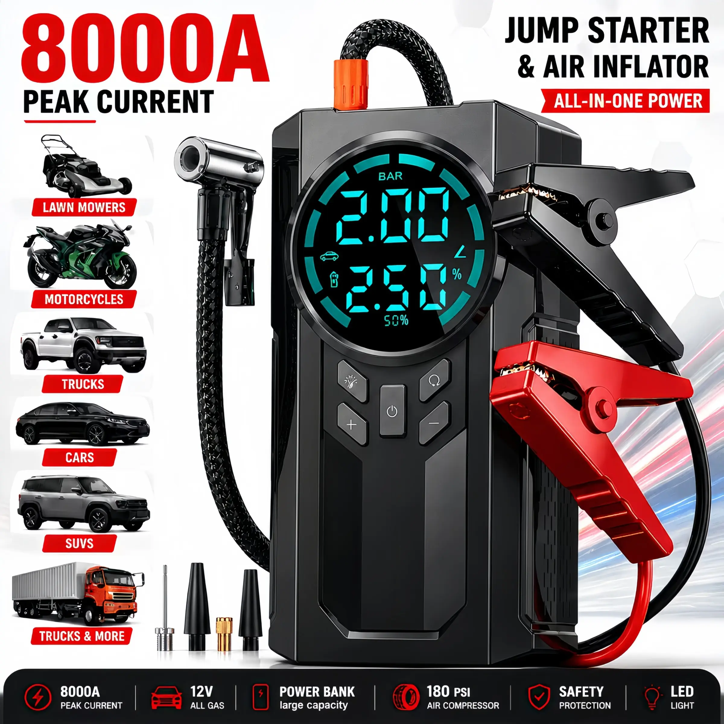 8000A Emergency Jump Starter, with Air Compressor, 12V Portable Car Battery Booster For Gas/9.0L Diesel Vehicles, 180PSI Tire Inflator Pump, Power Bank with LED Light And Safety Hammer, Jump Box for Cars, Trucks, Suvs, Car Accessories, Car Essentials