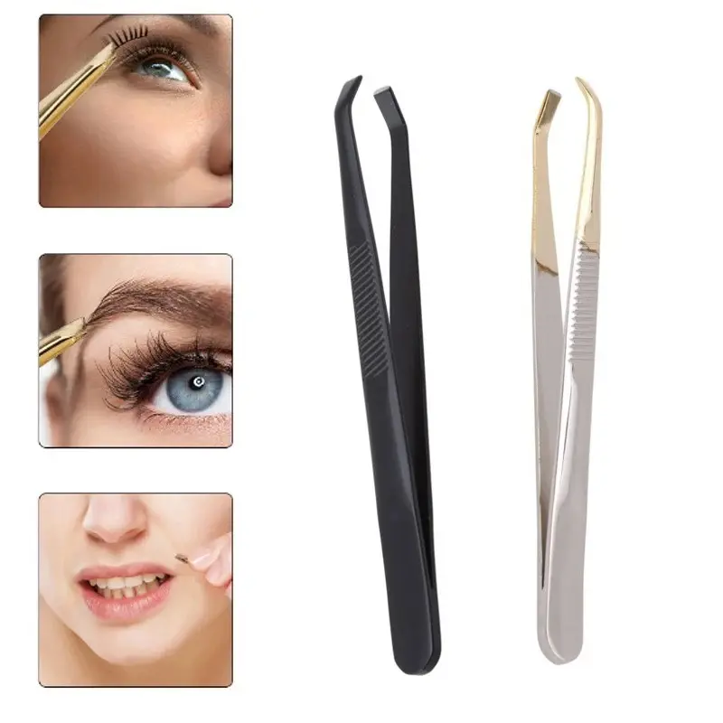 Slant Tip Eyebrow Tweezers 2pcs, Facial Hair Removal Clip, Stainless Steel Flat Eyelash Makeup Tweezer, Beauty Tools for Precision Grooming