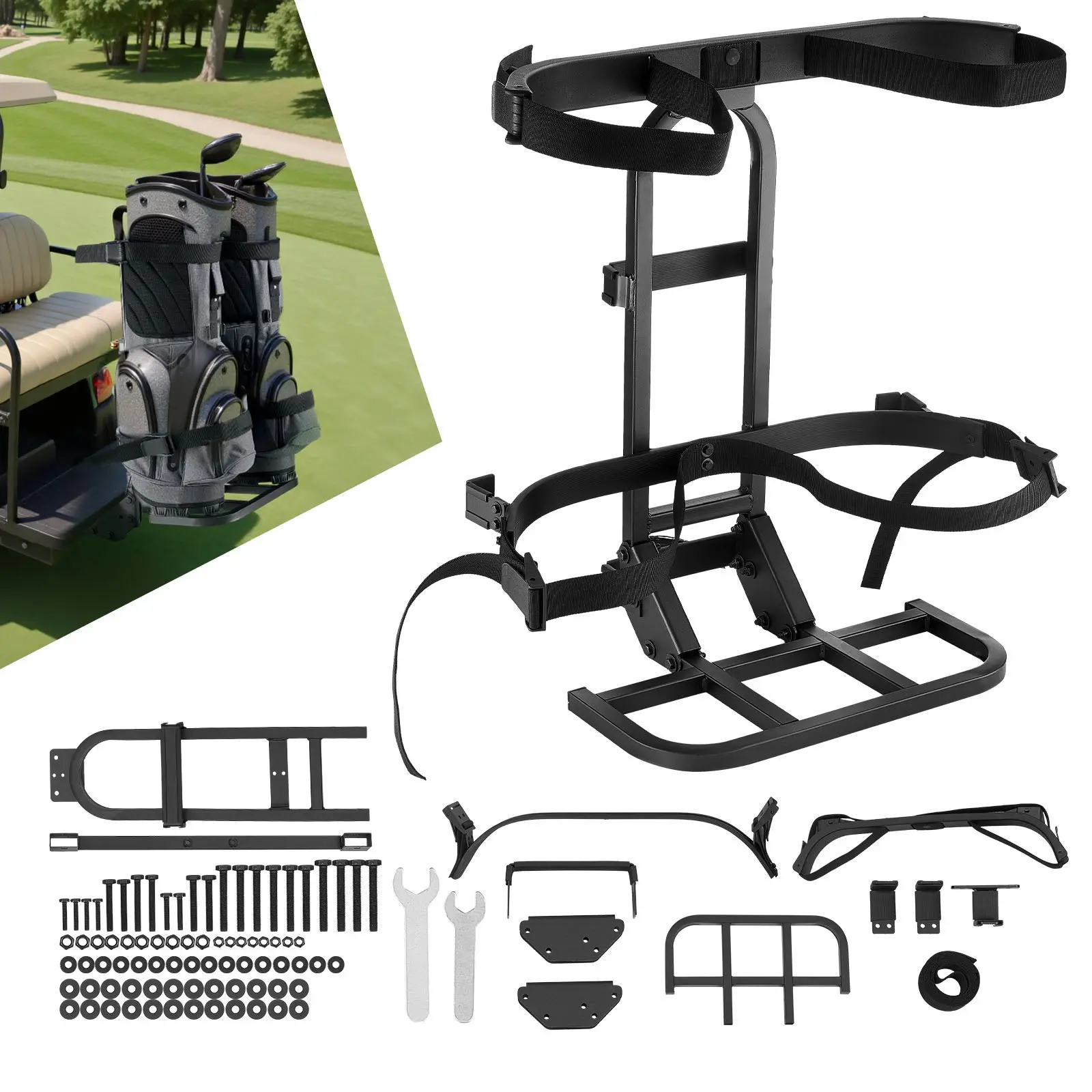 Golf Cart Rear Seat Bag Holder, 27.8x 16.1x 30.9 inch, Compatible with Most Golf Carts with Rear Seat Grab Bar, Space-Saving Carbon Steel Bag Holder Bracket, No-Drilling Installation, Black