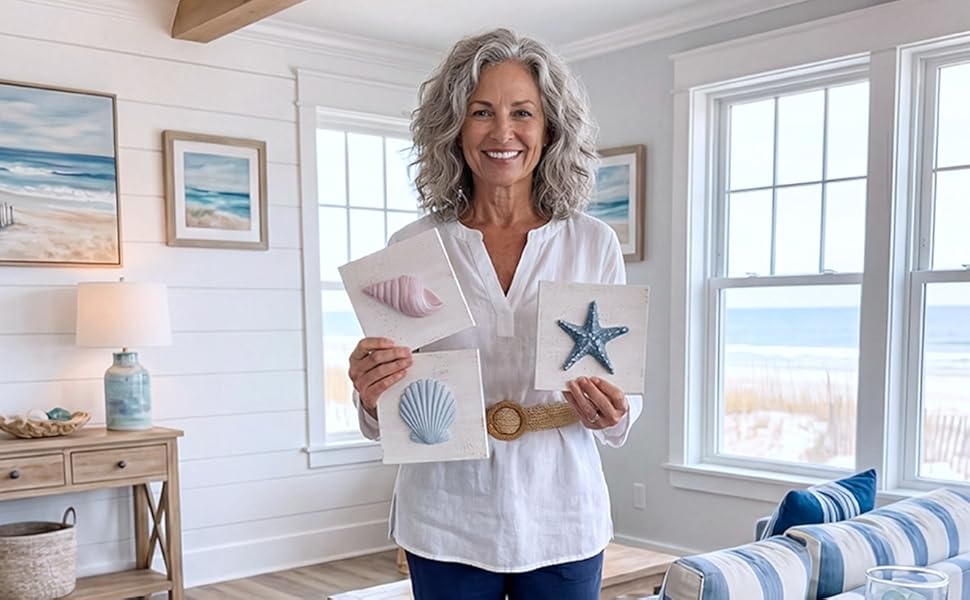 Tide and Tales 3D Beach Wall Art - Seashell with Starfish for Coastal Bathroom Decor, Ocean Inspired Decor for Bathroom, Coastal Bedroom, Living Room or Beach House, Set of 3 (6"x 6")