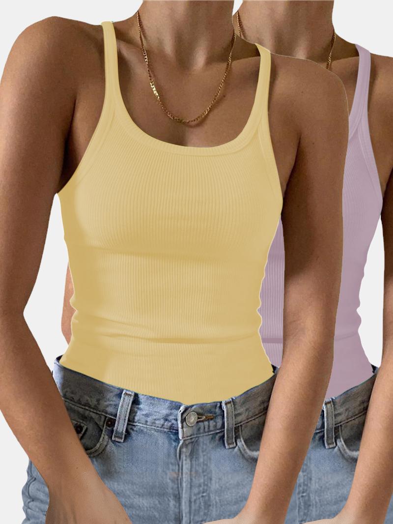 Women's Solid Ribbed Tank Top, Elastic Basic Vest, Casual Sleeveless Top for Summer, Ladies Clothes for Daily Wear, Summer Tops