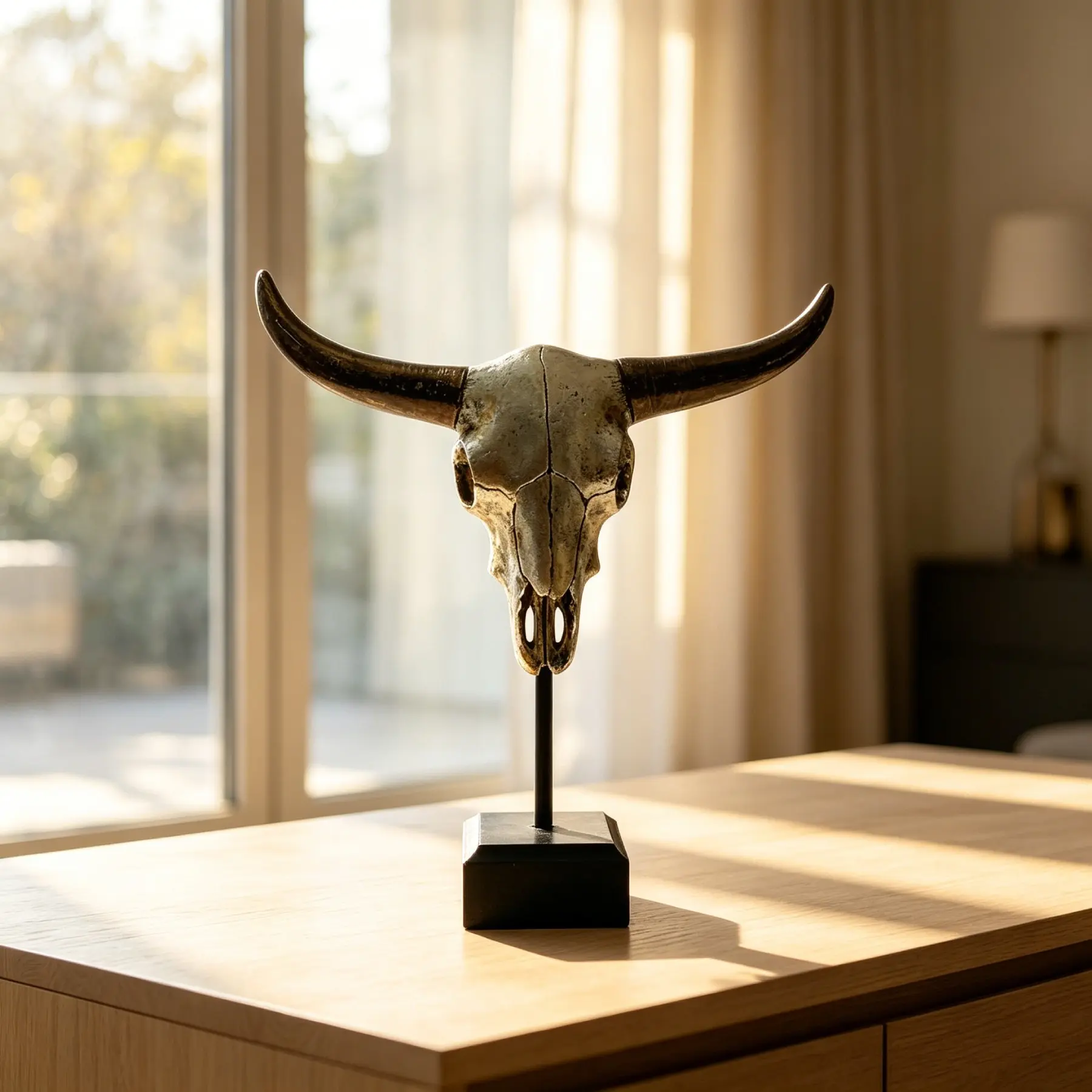 Resin Longhorn Skull Decor, Vintage Style Silvery Color Bull Head Sculpture, Western Desk Decoration, Cowboy Cabin Living Room Ornament, Rustic Moving Gift