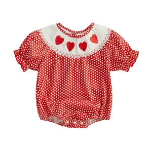 Newborn Baby Girl Valentine's Day Romper Dot Print Heart Embroidery Short Sleeve Crew Neck Bubble Jumpsuit