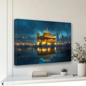 Framed, a golden temple reflection canvas wall art with modern retro design, high-quality printed poster, with wooden frame, elegant home office decoration, suitable for living room, bedroom or classroom, Indian home decor