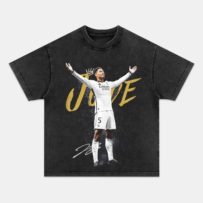 Open Arms Celebration Portrait Print Tiny Crown Above Head Graphic Large Gold Brush Letter Overlay Bottom Signature Layout Design Soccer Football Streetwear T-Shirt, Vintage Washed Retro Distressed Wash Black Crew Neck Unisex Tee
