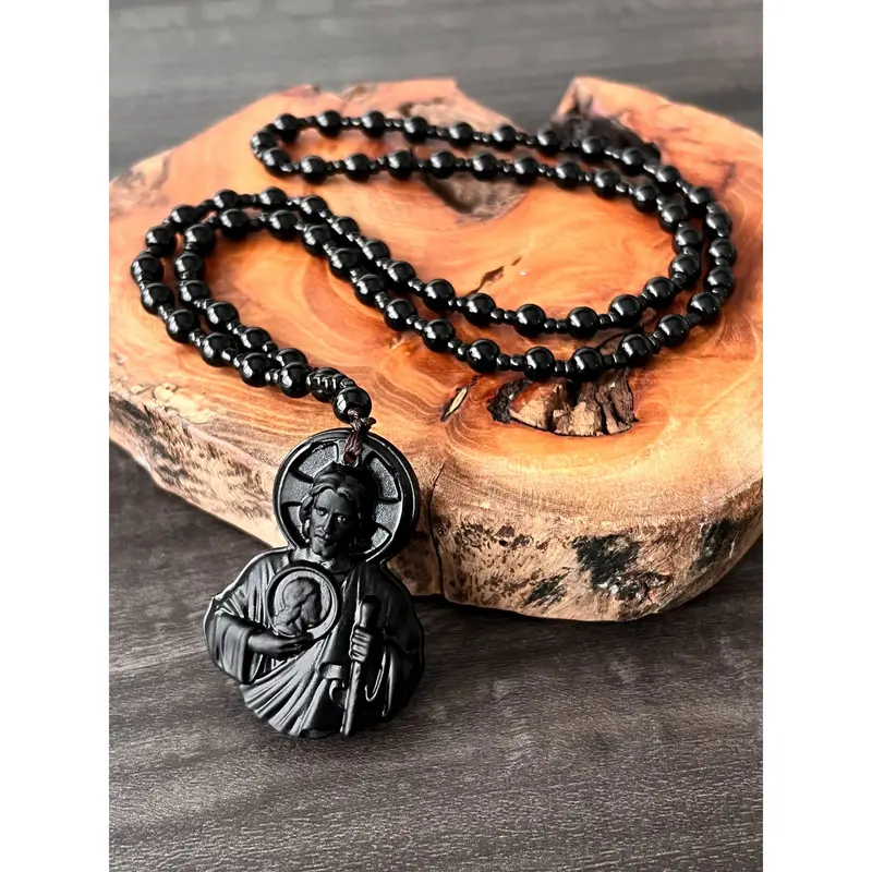 Natural Obsidian Jesus Sacred Heart Pendant Chain Necklace, Catholic Faith Amulet, Long Length Unisex Religious Jewelry, Men's Unique Casual Wear Costume Accessory