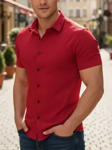 Men's Cool-Fitting Elasticated Short-Sleeved Shirt - Slim-Fitting A-Line Cut - Daily Business Commute Plain Collar Shirt