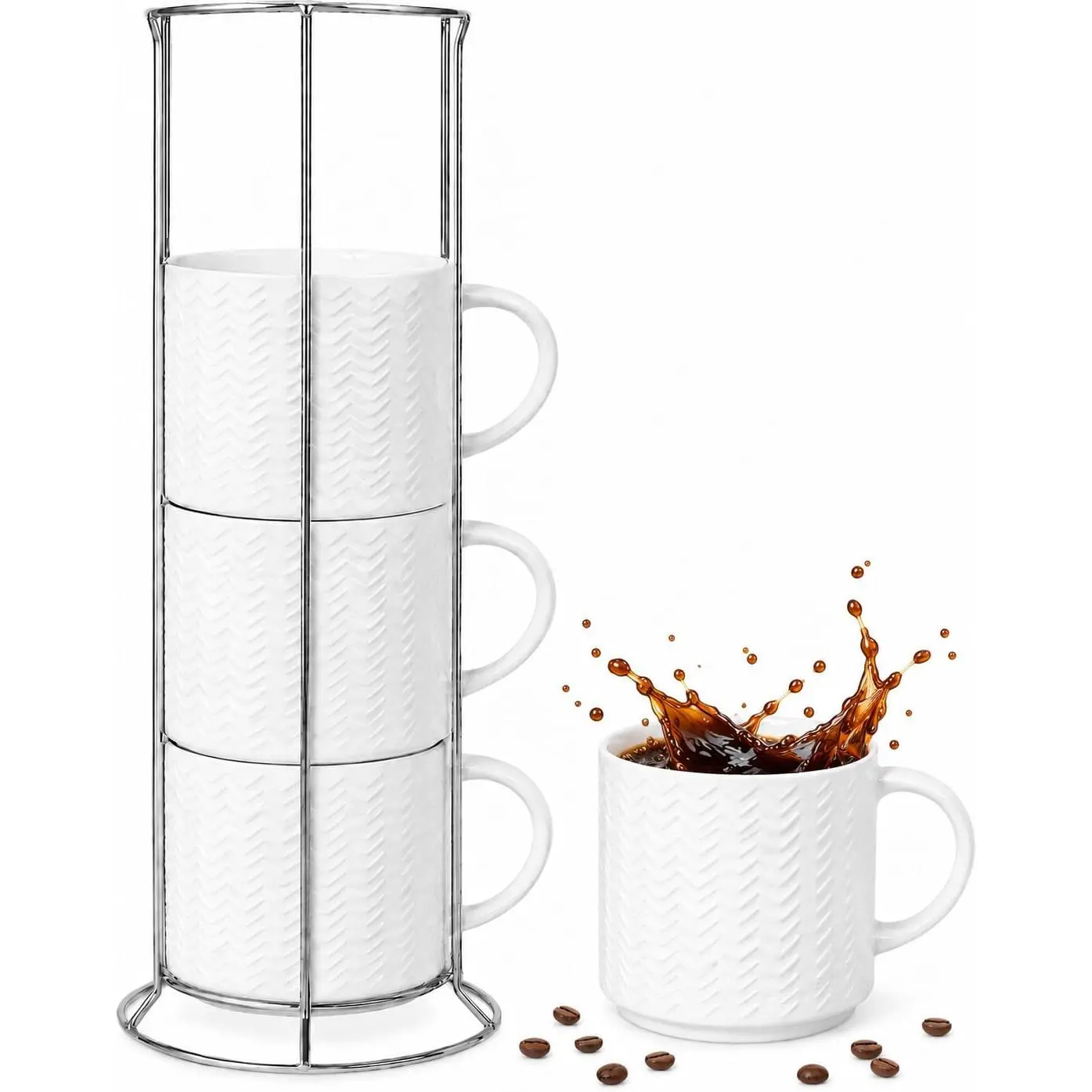 12oz Stackable Coffee Mug Set of 4 with Rack, Embossed White | Ceramic Coffee Mugs, Porcelain Coffee Cups for Latte, Cappuccino,Microwave Dishwasher Safe
