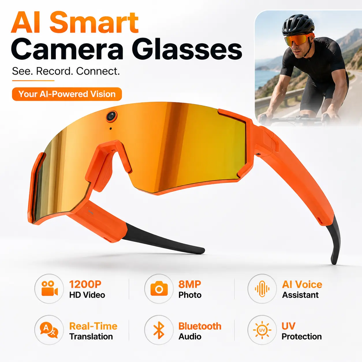 Real-Time AI-Powered Wearable Smart Glasses, 1200P HD Video Recording, 8MP Anti-Shake Photography, Voice Assistant, Dual Microphones, Bluetooth Open-Ear Audio, UV-Protective Lenses for Sports, Travel