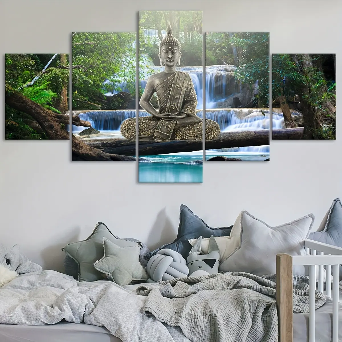 5pcs Religious Buddha 5-Panel Canvas Poster Set - Waterproof, Odorless 2D Modular Wall Art, Buddhism Scene Print - Ideal Home Decor for Living Room Bedroom, Gift for Family Friends