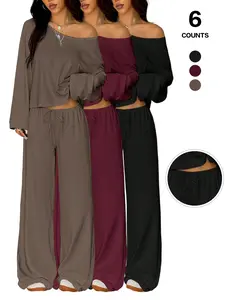 Women's 2 Piece Matching Lounge Set, off the Shoulder Long Sleeve Top, Drawstring Adjustable Wide Leg Pants, Casual Sweatsuit Fit, All Seasons Womenswear Loungewear, Loose Fitting Sleepwear