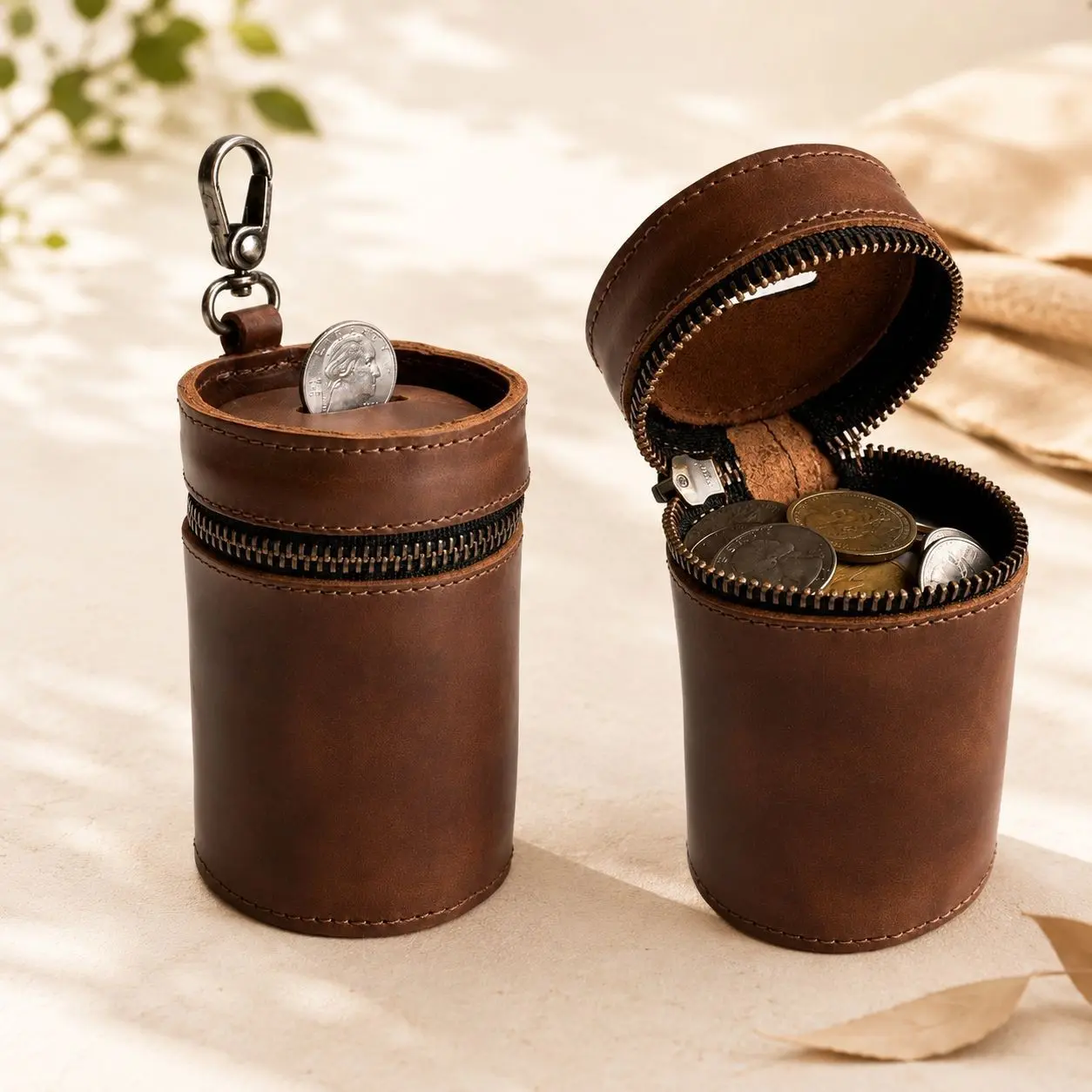 Vintage Cylindrical Coin Bank, Zipper Coin Pouch with Slot, Car Mountable Coin Holder, Portable Small Item Organizer