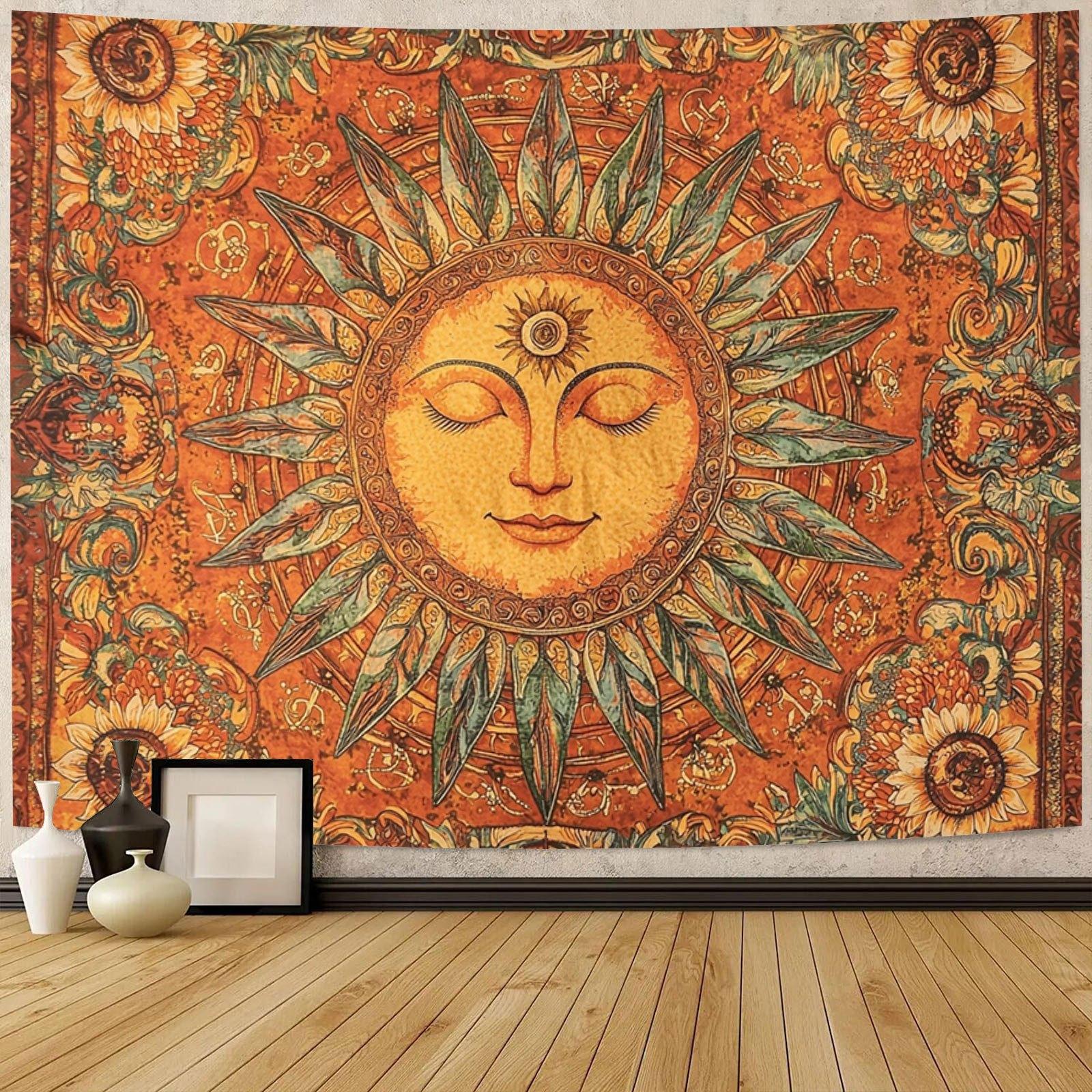 Vintage Bohemian Sun and Moon Tapestry |   Closed-Eye Smiling Sun Wall Hanging, Aesthetic Boho Decor for Living Room Bedroom Dorm, Multi-Functional Indoor Outdoor Art