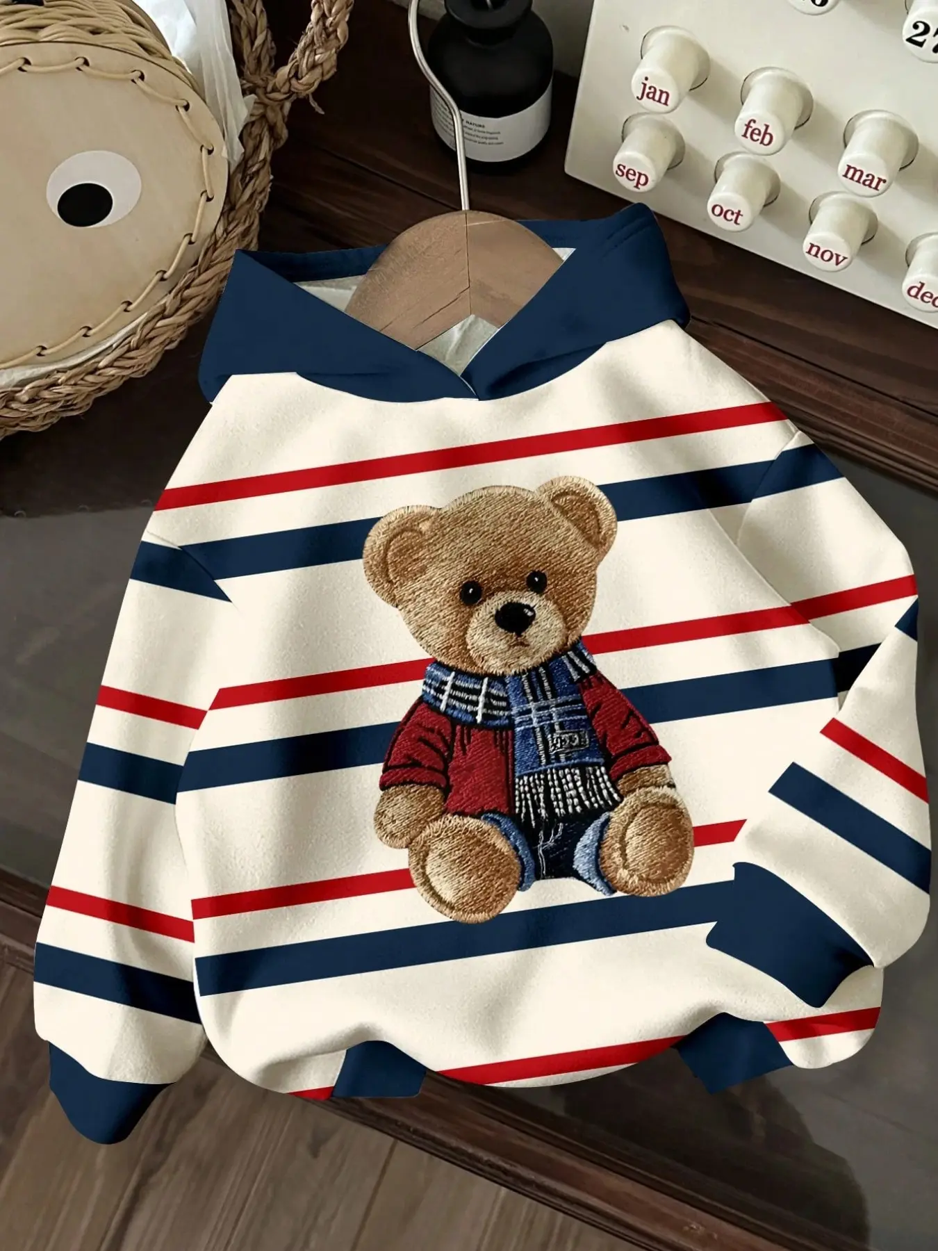 4 Styles College Style Kids Hooded Sweatshirt, Striped Bear, Vintage Letter Print, Boys Casual Pullover Hoodie, Winter Long Sleeve