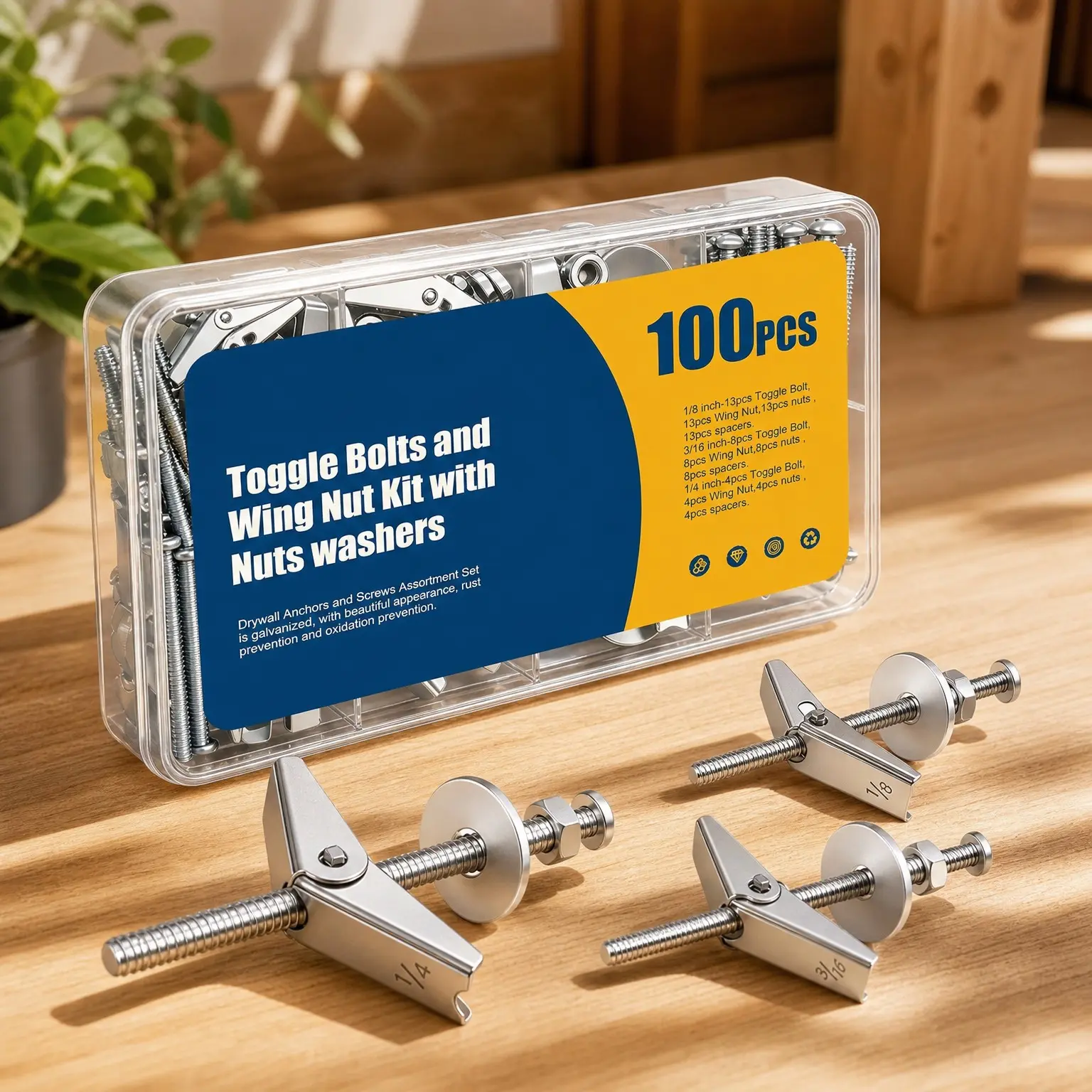 100Pcs Heavy Duty Toggle Bolts Assortment Kit 1/8" 3/16" 1/4" Drywall Anchors and Screws with Wing Nuts and Washers (25 Sets)Gift