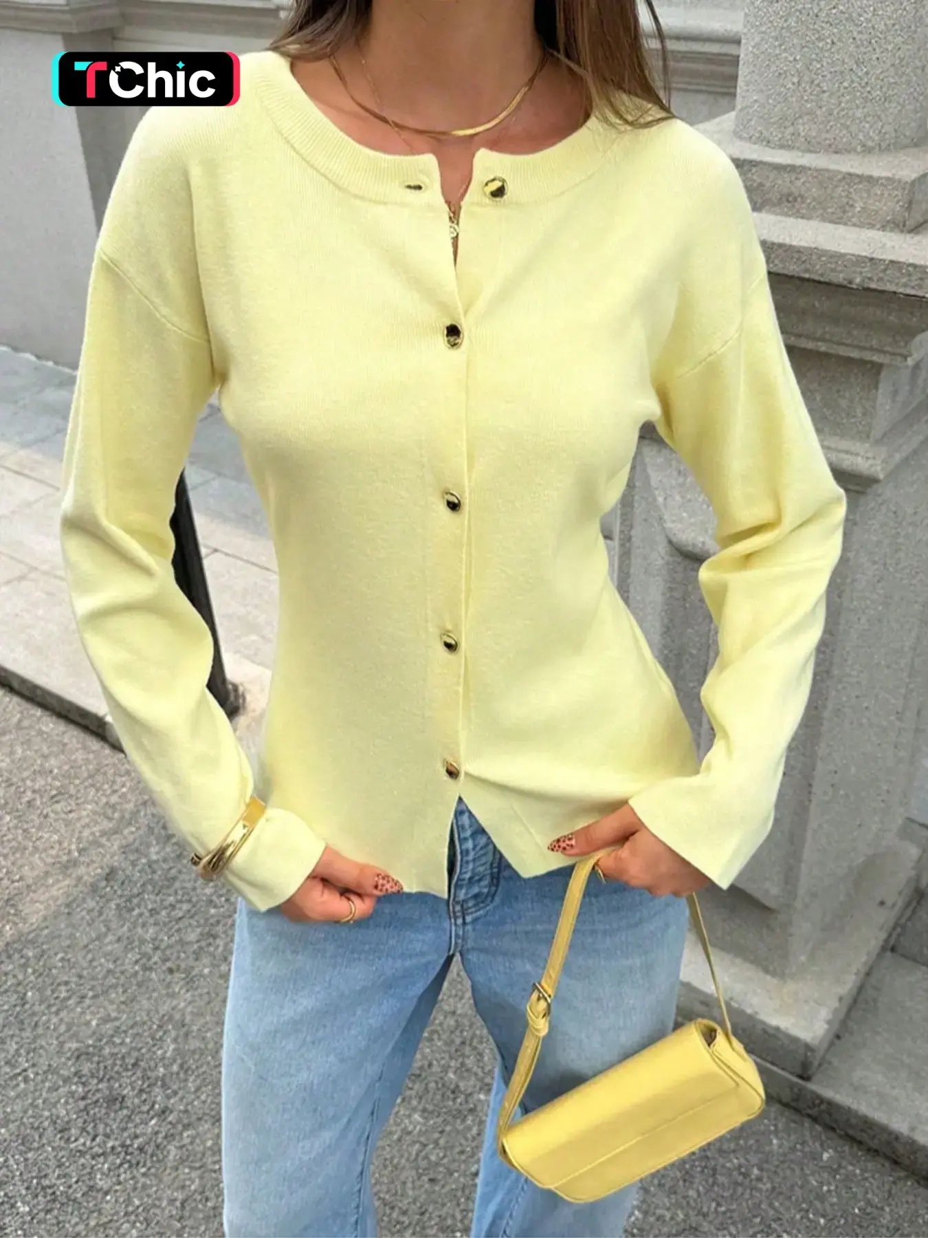 Soft Pale Lemon Yellow Crew Neck Knit Cardigan Women Single Row Gold Round Buttons Loose Drop Shoulder Long Sleeve Slim Waist Curved Split Hem Lightweight Thin Knit Jacket Spring Daily Street Shopping Coffee Date Gentle Pastel Color Basic Versatile Laye