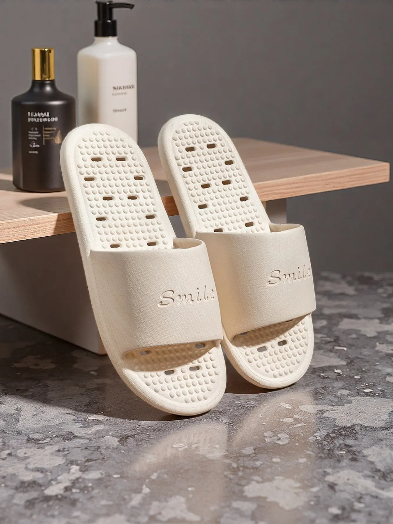Non-Slip Bathroom Slippers, Quick-Dry Eva Sandals, Multi-Pore Drainage, Simple Wide Band Print, Indoor Shower Shoes, Home Use