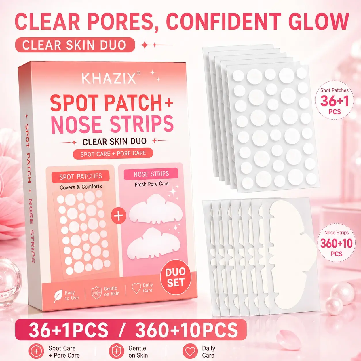 36+1/360+10-Piece 2-in-1 Nose Strip and Acne Patch Combo Pack: Deeply cleanses blackheads, shrinks pores, and conceals blemishes; highly effective oil-control facial skincare patches; an acne treatment tool suitable for all skin types
