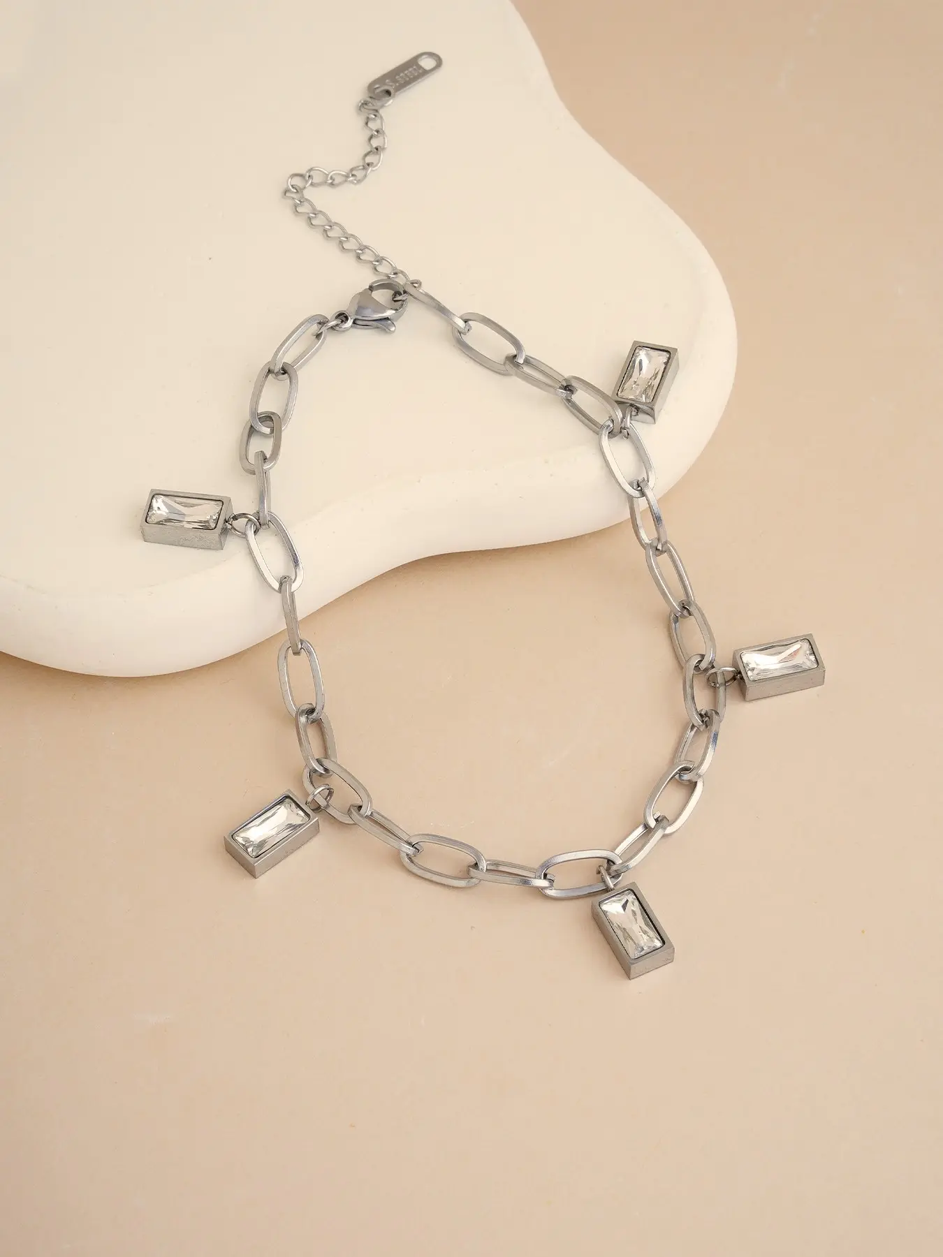 Stainless Steel Paperclip Chain Bracelet for Women, Chunky Link Bracelet with Rectangle Baguette Crystal Charms, Hip Hop Punk Silver Toggle Bracelet, Trendy Stackable Statement Jewelry Gift for Her