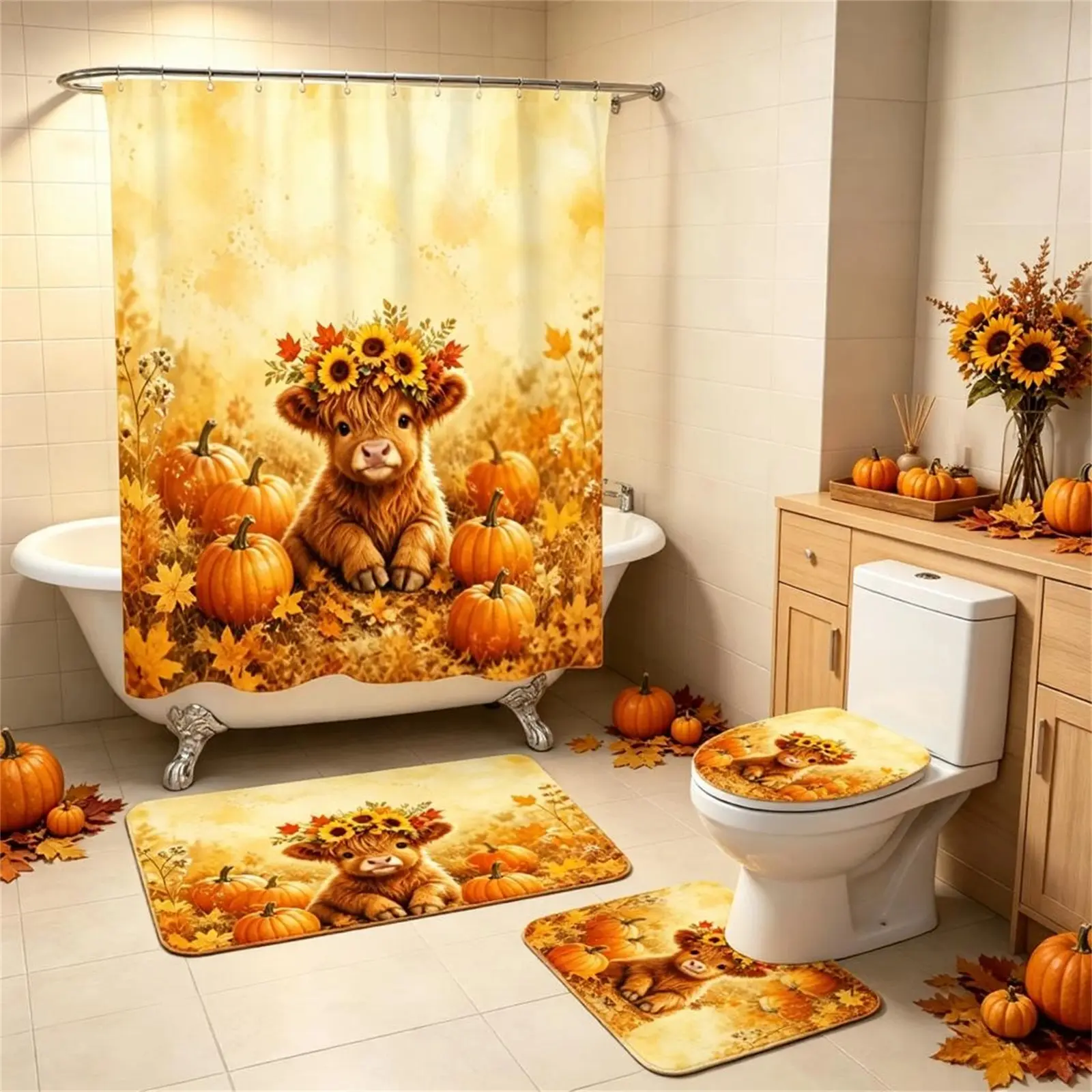 4-in-1 Thanksgiving Fall Harvest Bathroom Accessories Set, Waterproof Baby Highland Cow Sunflower Pumpkin Shower Curtain with 12 Hooks, Non-Slip Bath Mat, Contour Rug & Toilet Cover, Country Farmhouse Thanksgiving Home Decor
