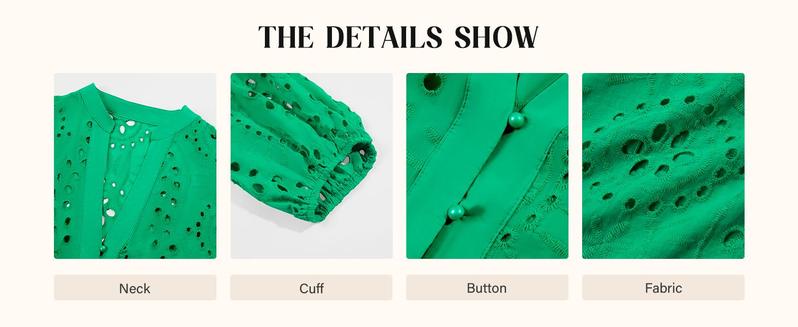 Imily Bela Womens Deep V Neck Eyelet Blouses Tops Dressy Casual 3/4 Balloon Sleeve Cotton Button Down Shirts