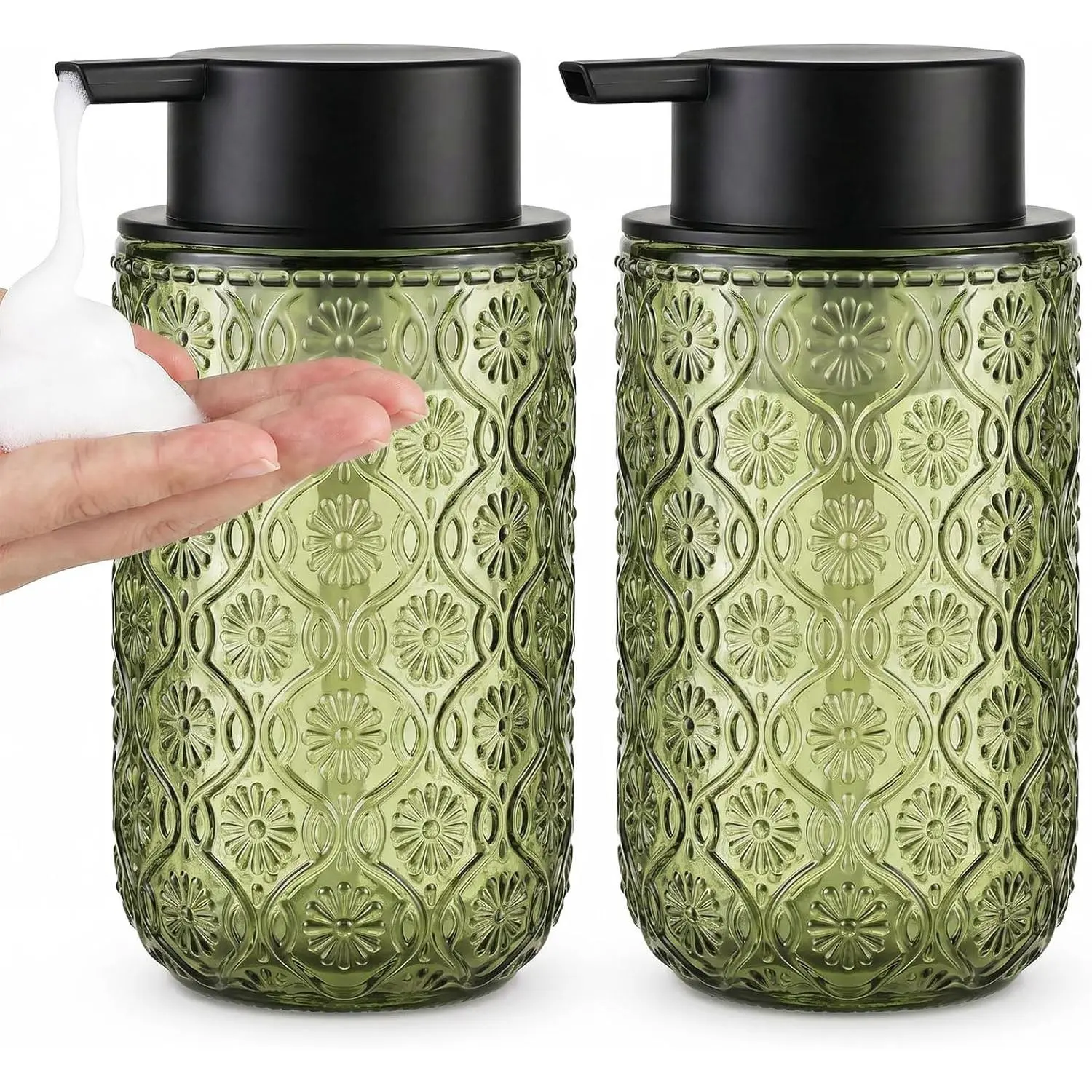 Vintage Foaming Soap Dispenser, 2-Pack Green Glass Foam Soap Dispenser Set for Bathroom & Kitchen, Refillable Flower Pattern Hand Soap Dispenser with Foam Pump, 14 OZ, Nordic Modern Farmhouse Decor