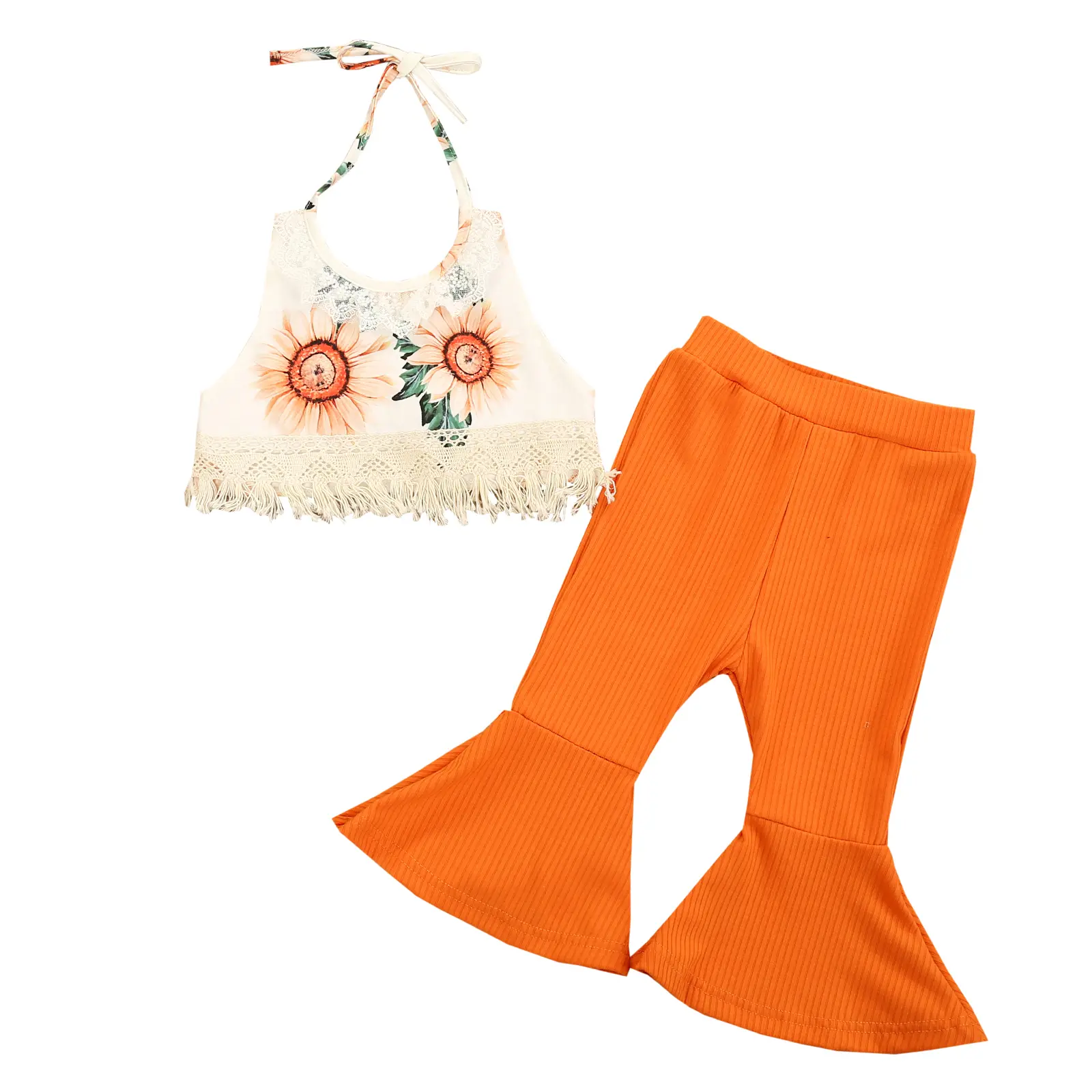Toddler Girls Casual 2-Piece Summer Outfit, Floral Sunflower Halter Top with Tassels and Cotton Flare Pants, Ages 2-7Y, 2 - 3 Years