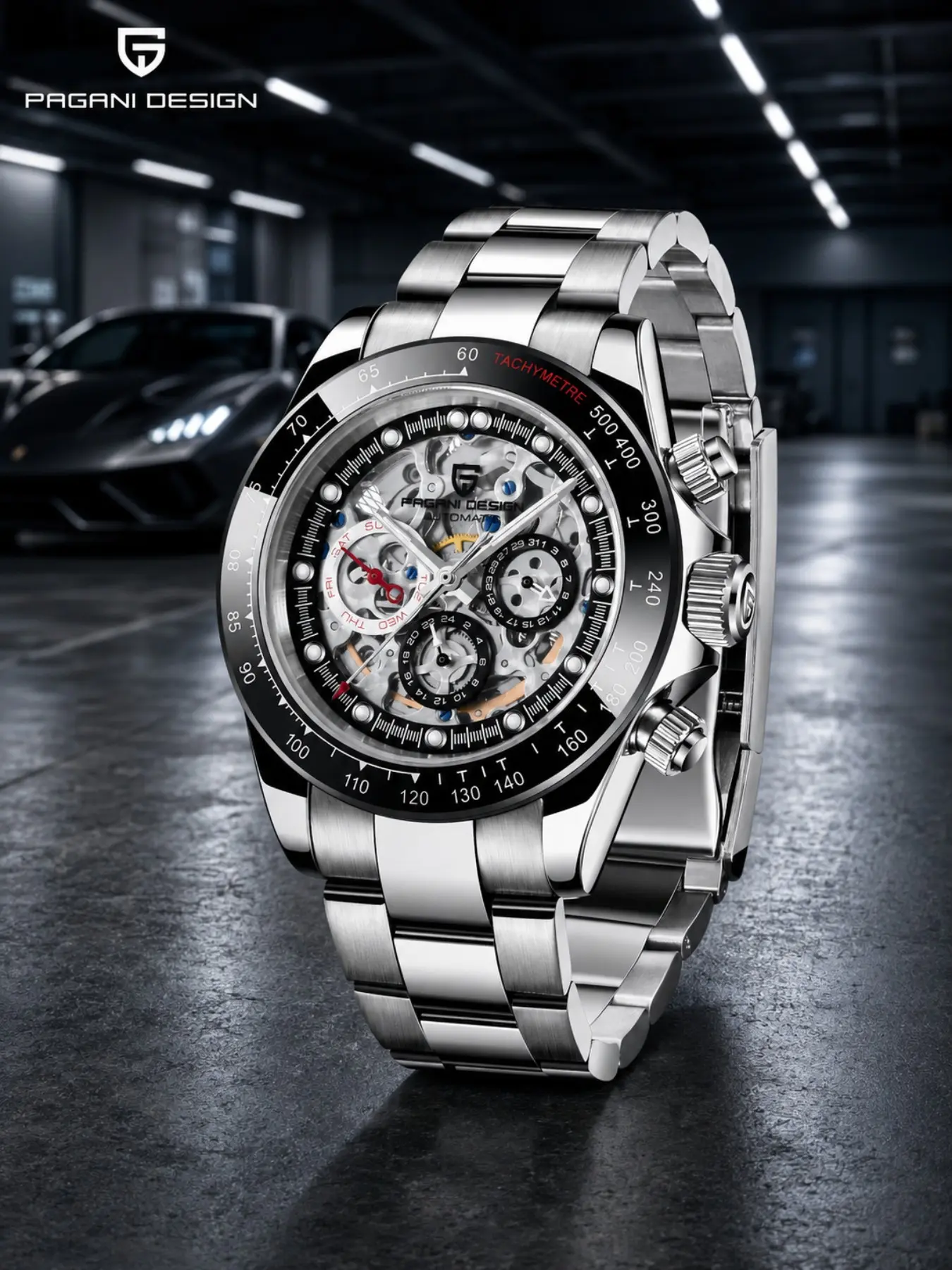 PAGANI DESIGN Men’s Rainbow Crystal Bezel Skeleton Automatic Mechanical Watch, 100M Water Resistant, Luminous Display, Stainless Steel Bracelet, Weekday, Date and 24-Hour Indicators, Luxury Wristwatch for Men