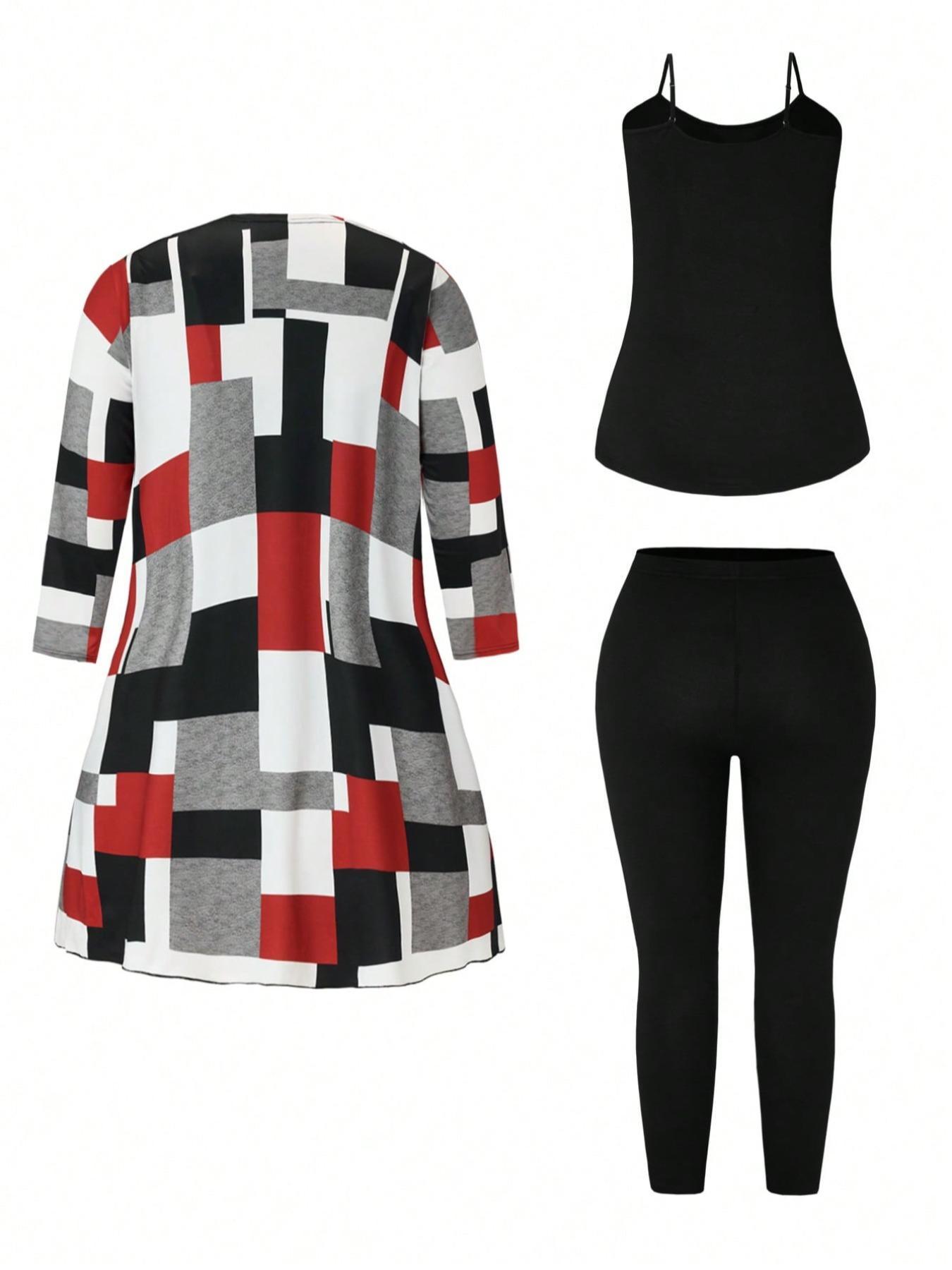 【Plus Size】 Three-Piece Set Colorblock Print Open Front Long Sleeve Outerwear & Adjustable Camisole Top & Elastic Waist Pants, Casual Fashion Cozy Outfits for Daily Wear, Lady Clothing for All Seasons