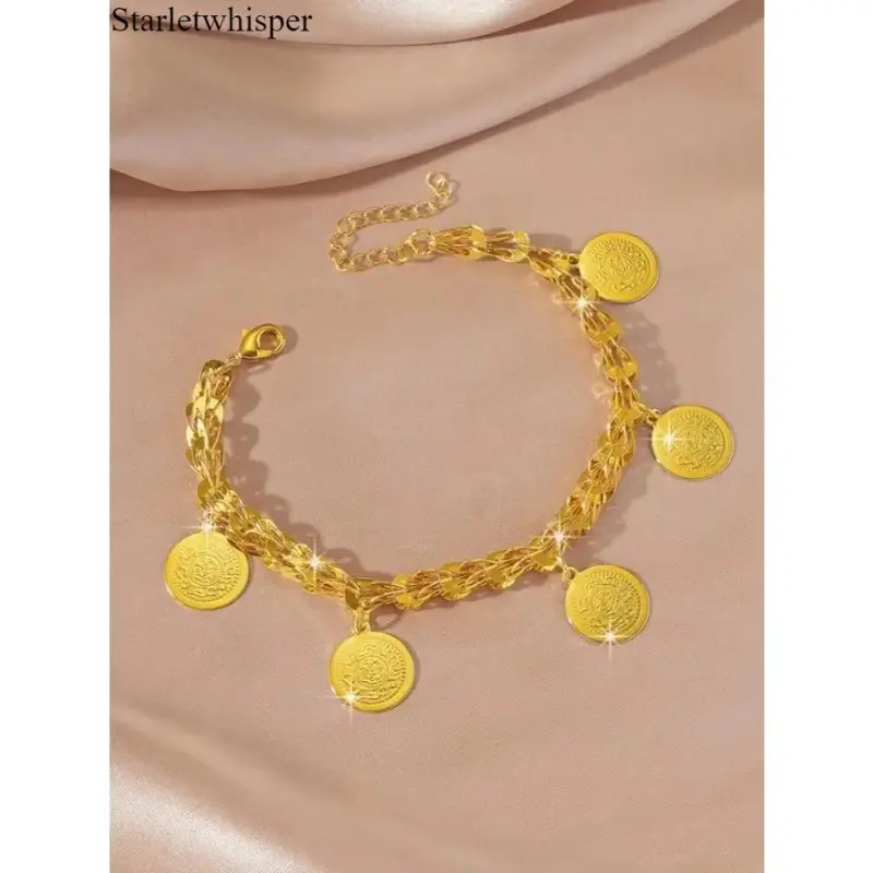 24K Gold Plated Phoenix Tail Coin Bracelet for Women, Vintage Ancient Coin Charm Hand Chain, Boho Jewelry for Everyday Wear Special Occasions Valentine’s Gift