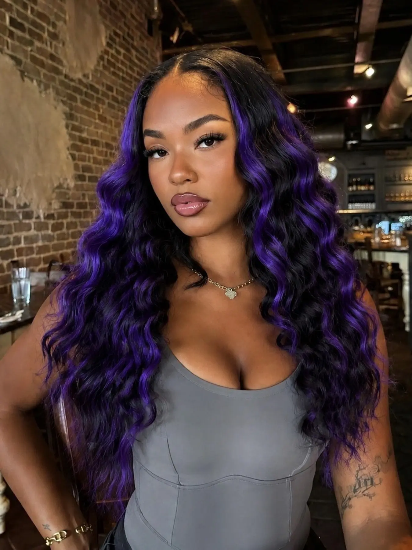 26 Inch Black with Purple Highlights Body Wavy Crimped Waves Lace Front Long Wavy Wig Heat Resistant Synthetic Hair Glueless Natural Hairline for Daily Wear & Parties