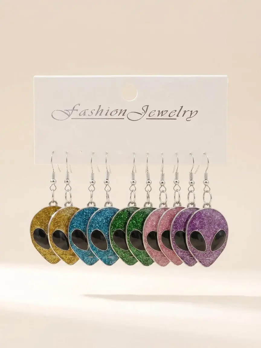 Vintage Future Glitter Alien Earrings Set, Cyberpunk Ufo Unique Jewelry, Multi-Color Pendant Ear Hooks, Fashion Punk Elegant Earrings