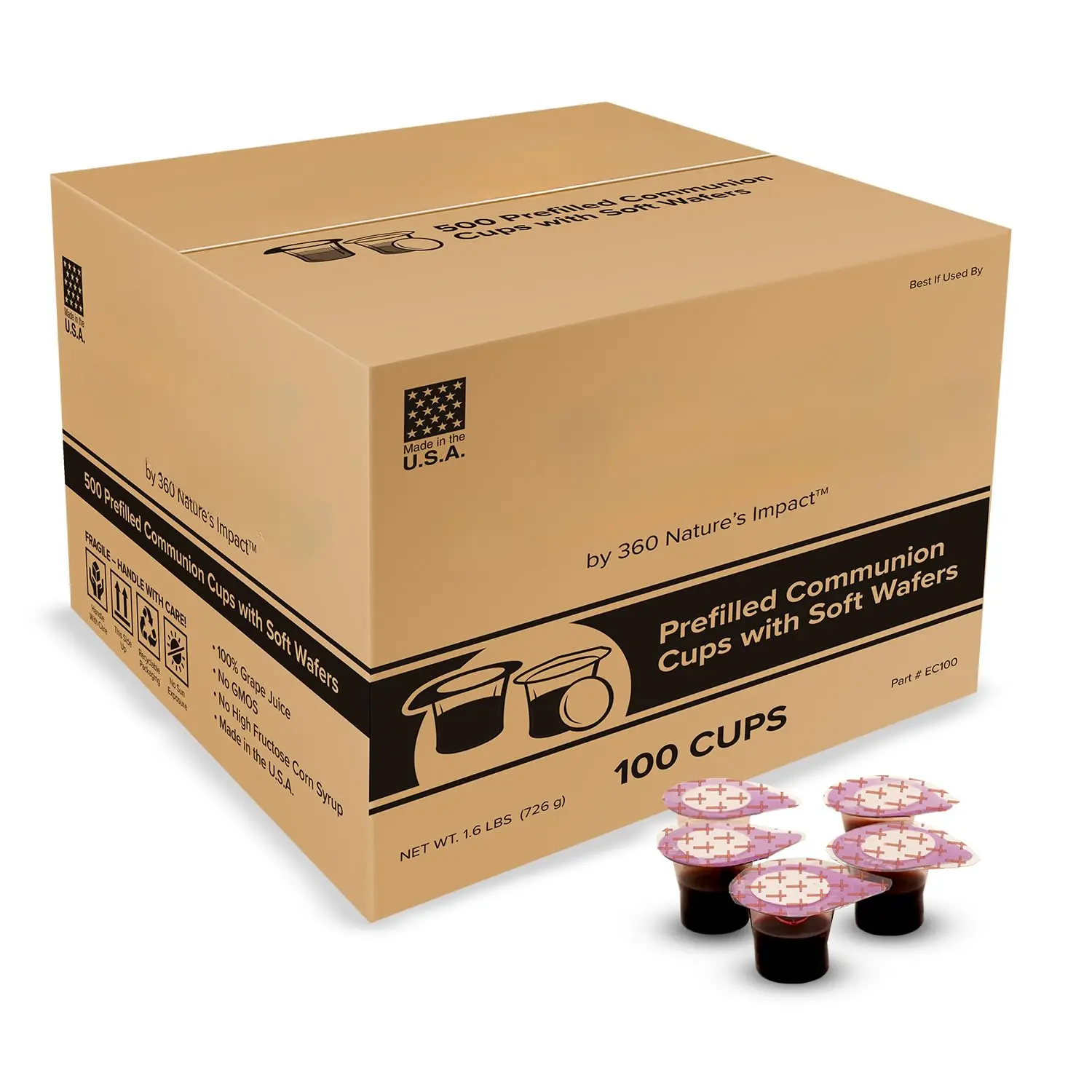 Prefilled Communion Cups and Wafer Set with Concord Grape Juice, Disposable Communion Elements for Church, Home, and Hospital Services, Holy Eucharist Supplies, 100 Count
