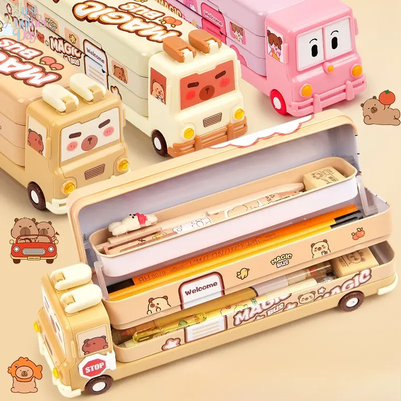 Capybara School Bus 3 Layers Metal Pencil Case Large Capacity Cartoon Bus Iron Stationery Box Anti-drop Multi Compartment Pen Storage For Kids Student Back To School Gift