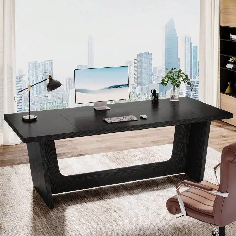 6FT Conference Table, 71-Inch Large Executive Rectangular Meeting Table Office, Sturdy Business Desk With Solid Wooden Pedestal, Industrial Seminar Table