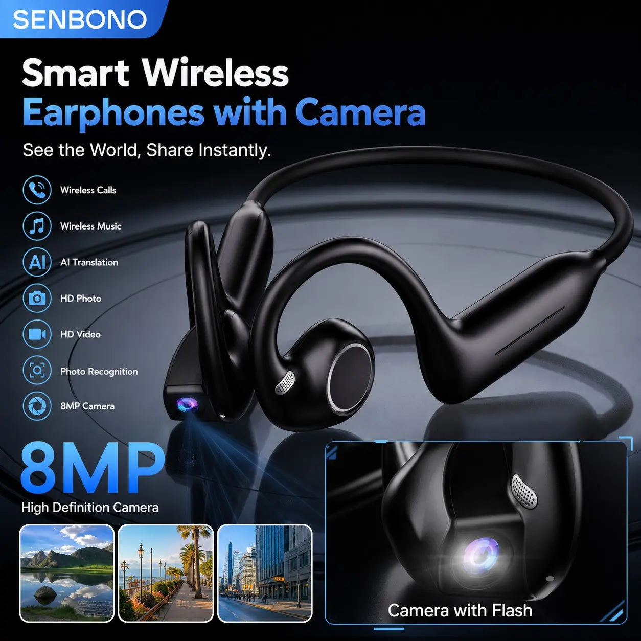 SENBONO Ai Smart Earphone with 8MP HD Camera, Software Stabilization, Voice Wake-Up, AI Translation, WiFi 6, Touch Control