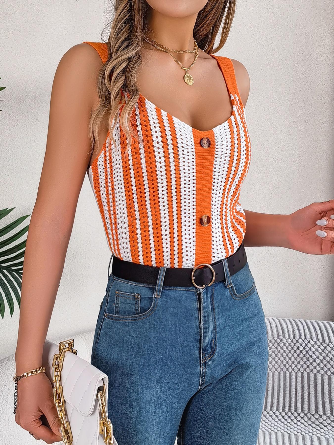Women's Colorblock Striped Print Fake Buttons Hollow Out Sweater Vest, Casual Sleeveless Straps Knit Top for Summer, Ladies Clothes for Daily Wear