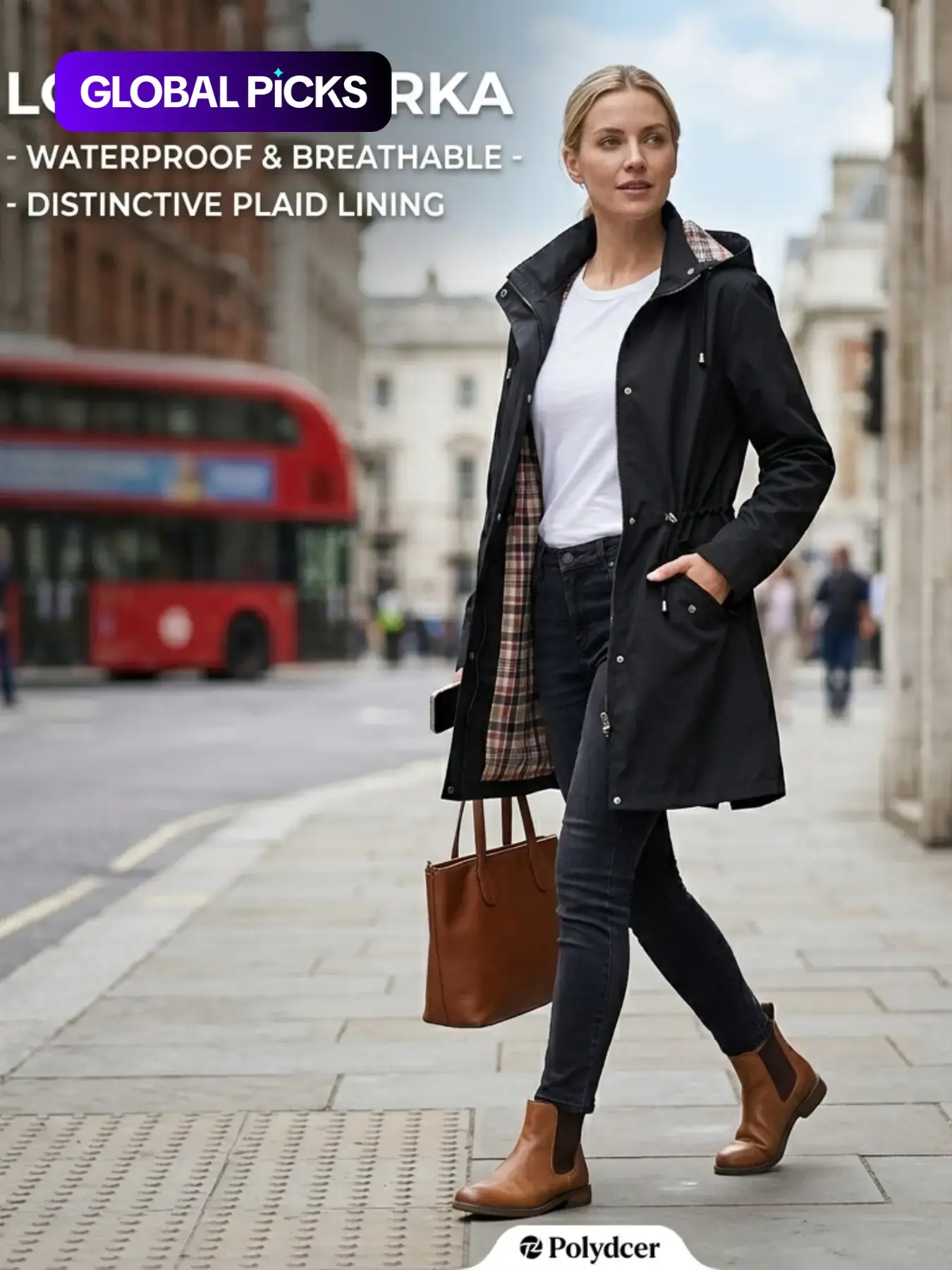 Women's Solid Color Drawstring Zip Up Hooded Trench Coat Raincoat, Casual Long Sleeve Waterproof Windproof Breathable Outerwear for Spring & Fall, Ladies Clothes for Daily Wear