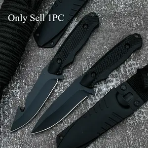 Matte black tactical straight knife, a regular sharp knife, a knife with a hooked skin-peeling blade, high-hardness black coating 5CR13MOV blade, three-dimensional rhombic anti-slip handle, practical knife for outdoor camping, hiking, fishing and hunting.