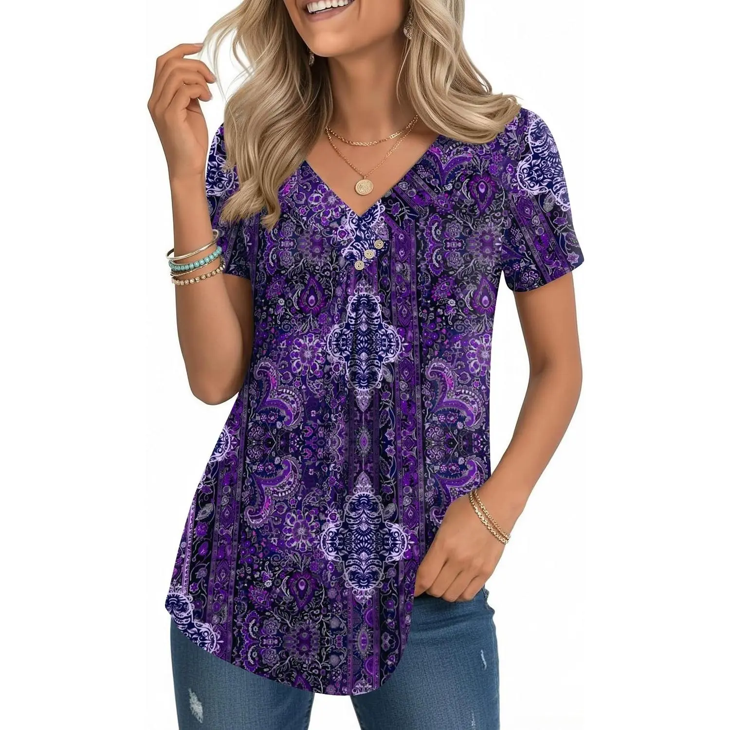 Women's V-Neck Short Sleeve Polyester-Spandex Basic Blouses - Dressy Casual Pleated Maternity Summer Tunic Tops (Pair with Leggings), Shortsleeve