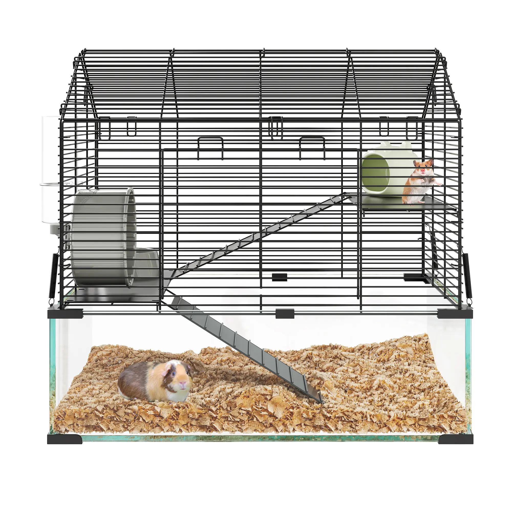 Proper Hamster Cage - 3-Tier Glass Animal Enclosure, Deep Tempered Glass Bottom, Metal Frame, Transparent Multi-Level Cabinet Habitat with Silent Spinner Wheel, Chew-Proof Water Bottle, Bowl, Hut, Easy to Clean, Space-Saving for Syrian, Dwarf Hamsters