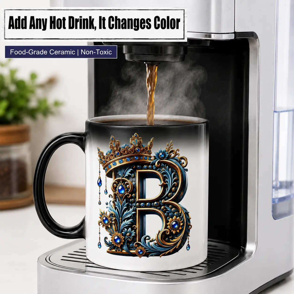 11oz A-Z Crown Initial Color Changing Mug, Royal Monogram Heat Sensitive Ceramic Coffee Cup, Choose Your Letter Magic Mug, Birthday Gift for Men and Women