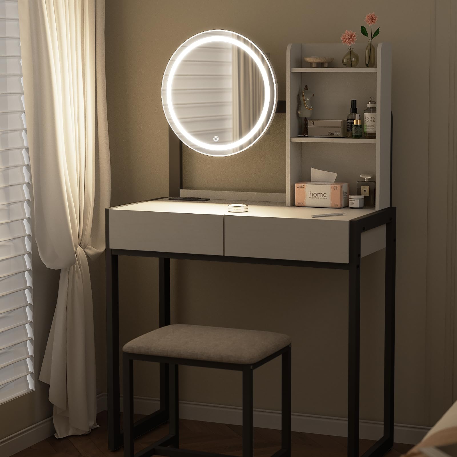 Small Vanity Desk with Mirror and Lights, Makeup Table with LED Mirror (3 Modes), Power Outlet, Drawer, Shelves & Cushioned Stool