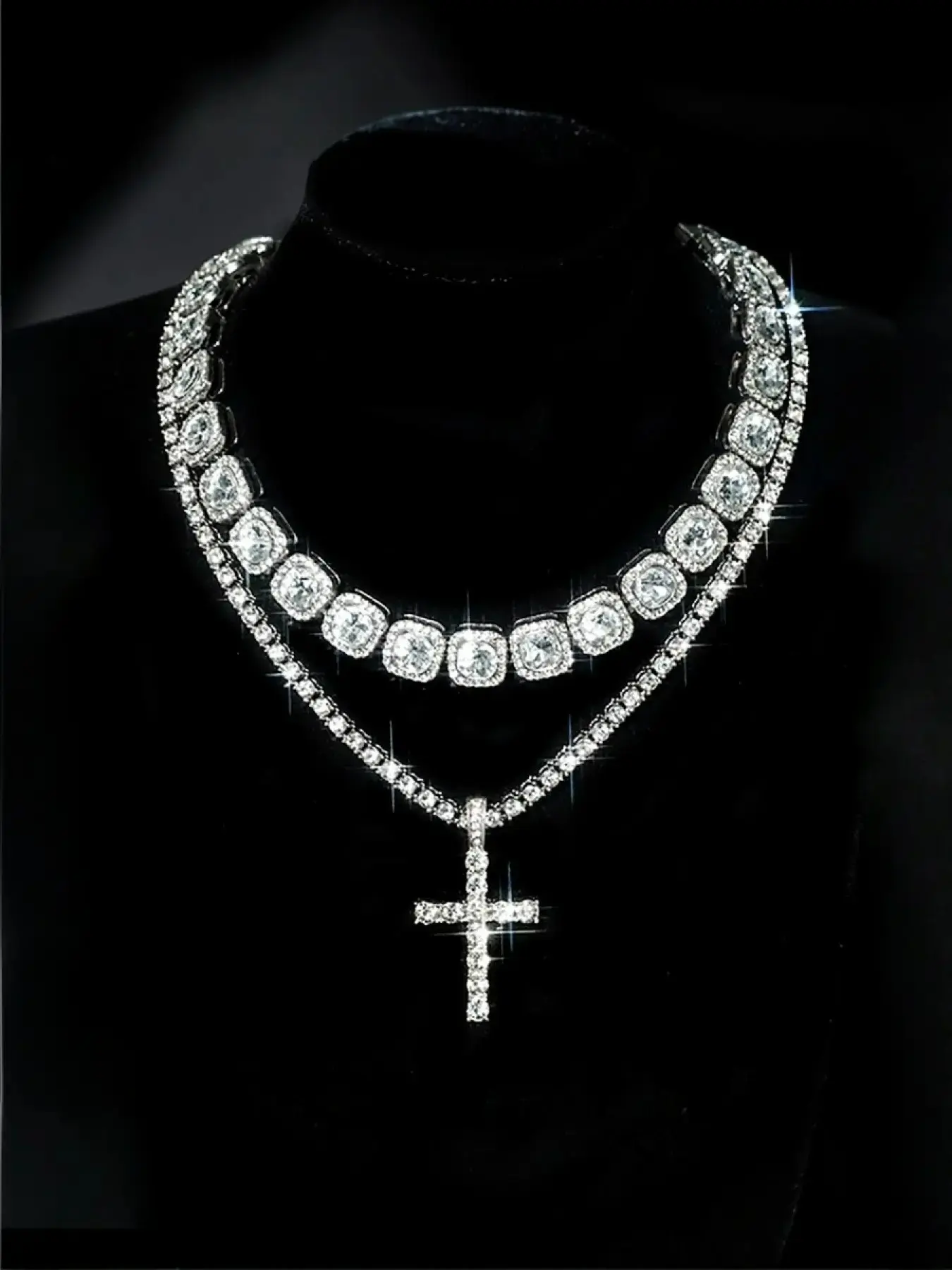 Ice Feel Diamond Tennis Chain Cross Necklace, Moissanite European Fashion Hip Hop Pendant, Exquisite Trendy Pendant, Silver, Unisex Holiday Jewelry