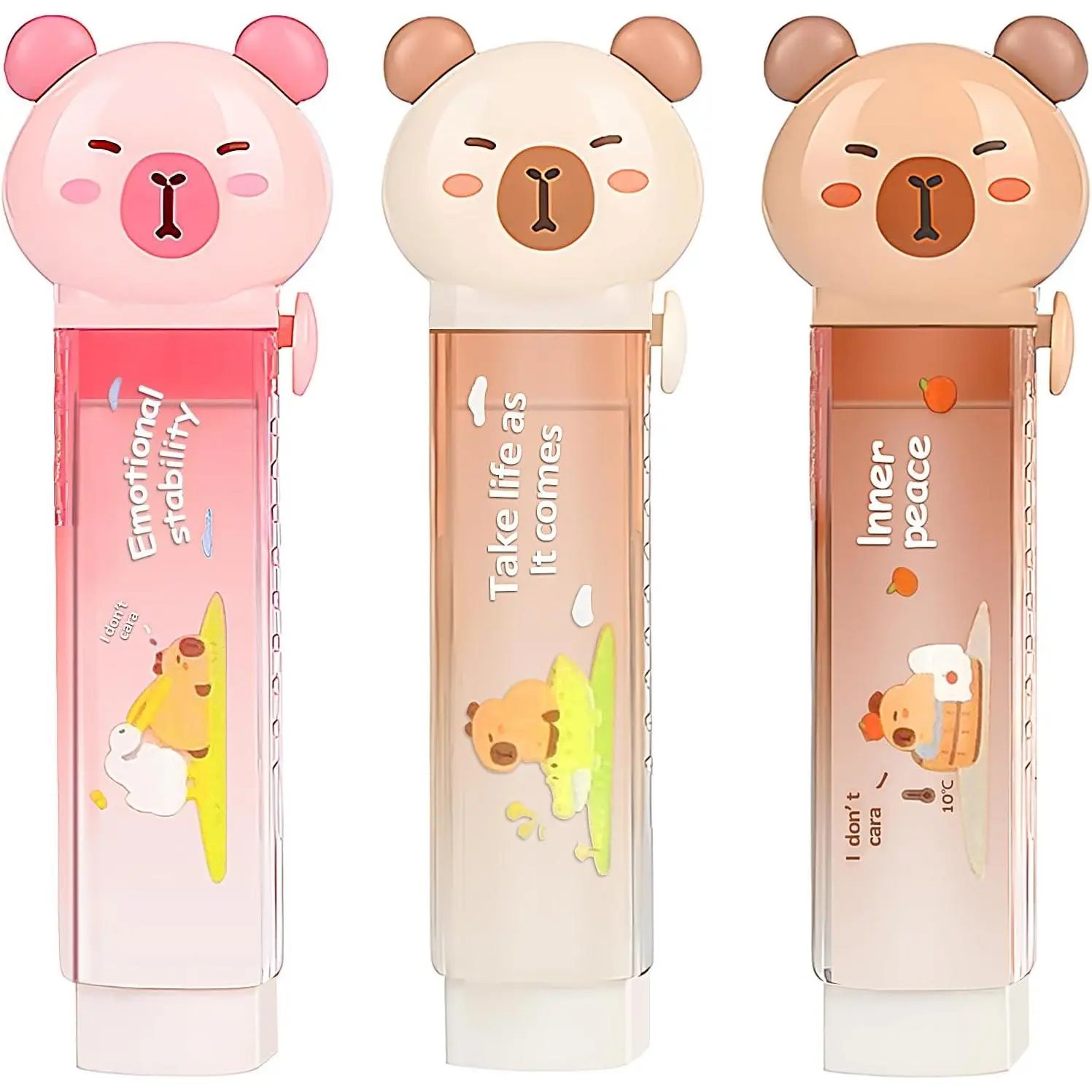 3 count Retractable Pencil Erasers, Cute Capybara Erasers for School | 3 count Retractable Pencil Erasers with Cute Capybara Design for School, Office and  Supplies