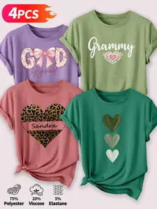 4Pcs Women Crew Neck T-shirt, Bow GOD Letter Grammy Leopard Custom Name Heart Vintage Print, Multi-color Washable Soft Spring Summer Daily Fashion Top