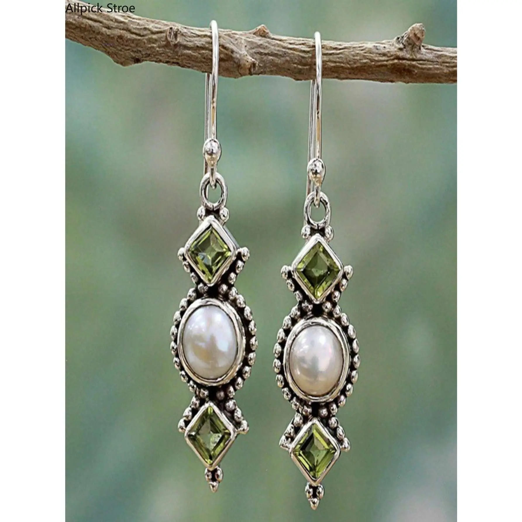 1 Pair Vintage Asymmetric Geometric Dangly Earrings - Inlaid Artificial Pearl & Synthetic Coloured Gemstones - Boho Style Hook Accessories for Women, 1-Size Vintage Statement Jewelry, Vintage Statement Earrings tiktokshopbacktoschool