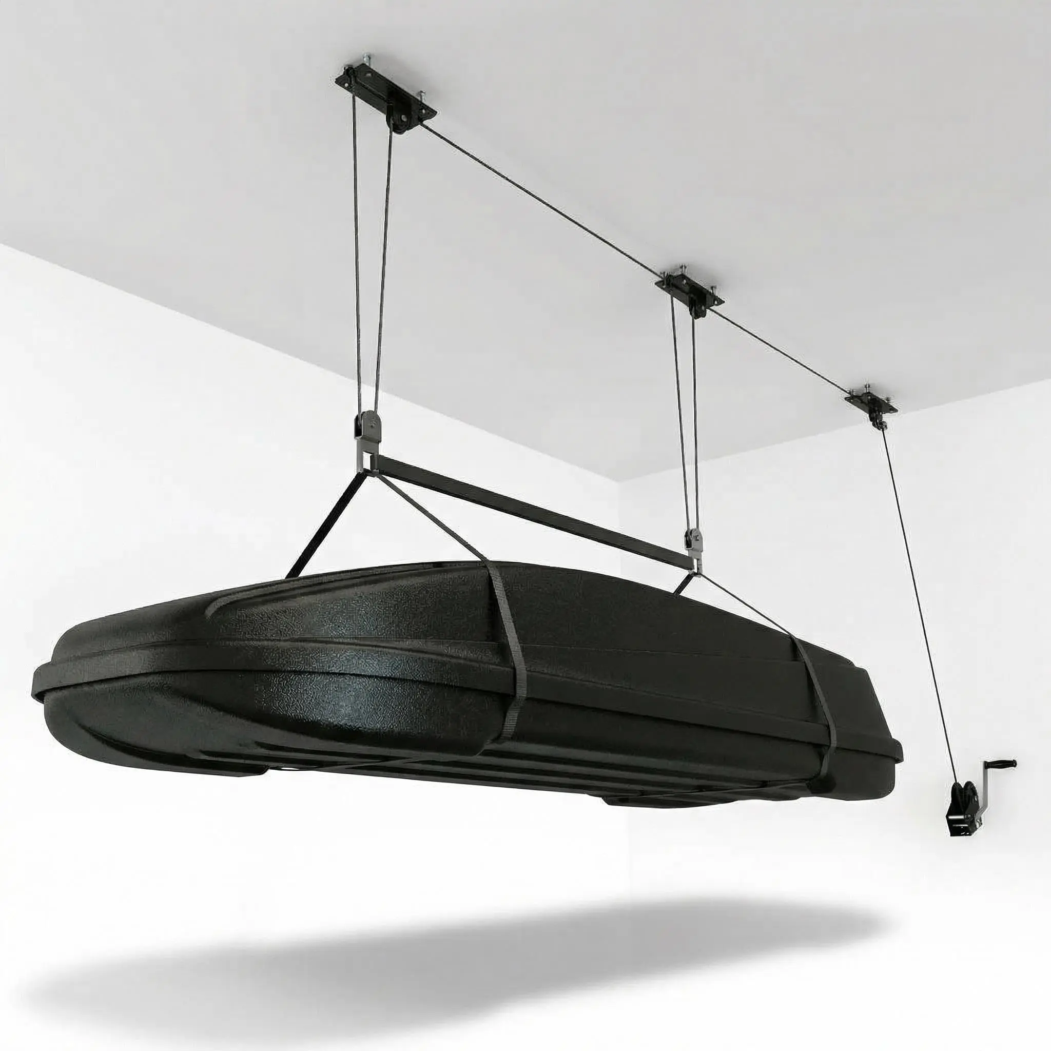 Cargo Box Garage Pulley System, Heavy Duty Ceiling Hoist with 150 LBS Load Capacity, Space-Saving Ceiling Mounted Storage Lift, Fits 10–18 FT Garage Ceilings, Includes Adjustable Straps & 20M Ropes for Rooftop Cargo Boxes