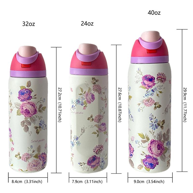 Floral Pattern Vacuum Flask, 1 Count 24oz-32oz-40oz Insulated Double Wall Stainless Steel Water Bottle, Stainless Steel Thermal, Drinking Cup for Home Office School Travel, Drinkware, Insulated Thermos, Stainless Steel Tumbler